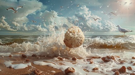 Wall Mural - Seascape with a wave and a rock on a sandy beach