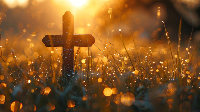 A Christian cross in a field of tall grass at sunrise, with dewdrops reflecting the suna??s rays to create a sparkling golden bokeh that surrounds the cross with a celestial aura.