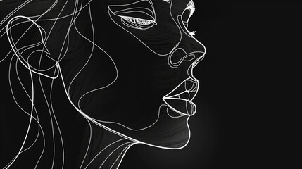 Poster - Abstract aesthetic linear drawing of woman face on dark background with free place for text