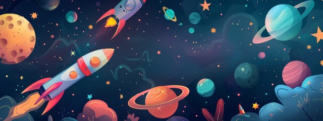 Wall Mural - a whimsical, space adventure background with rockets, planets, and stars.