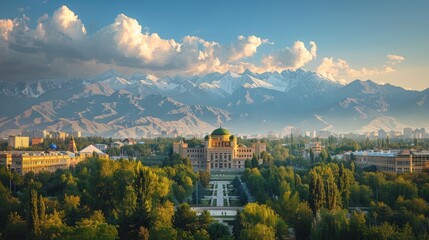 Wall Mural - Bishkek in Kyrgyzstan, mountain backdrop, Soviet-era architecture, cultural heritage 