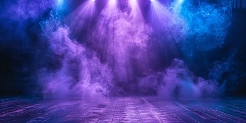 Wall Mural -  empty stage with purple  blue neon light rays, empty dark room with neon light, Dark stage backdrop with purple blue spotlight effect decoration ,   empty theatre,empty room  for display products