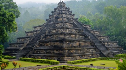 Wall Mural - Borobudur in Indonesia, ancient Buddhist temple, architectural marvel, lush surroundings 