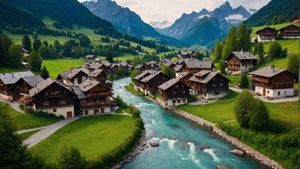 Wall Mural - Alpine village by a winding river, quintessentially Swiss.