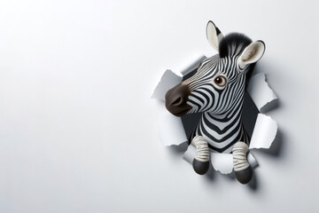 funny Zebra peeking out of hole in paper wall Isolated on white background