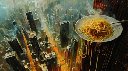 Poster - Spaghetti over city skyline for food or urban themed designs