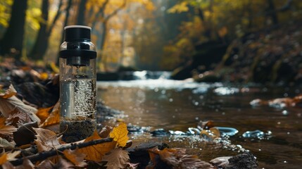 Wall Mural - Stainless steel water bottle in a forest for eco-friendly products