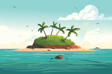 Wall Mural - Robinson Crusoe island. Uninhabited desert island in ocean. Sunny day. Tropical paradise landscape, cartoon vector illustration