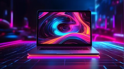 Wall Mural - Neon-colored laptop in a futuristic artwork on computer technology. For wallpapers, cover backgrounds, and other contemporary projects