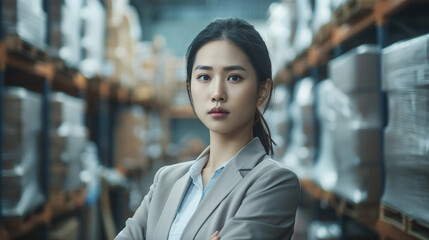 Confident young Asian businesswoman, professional attire, amidst neatly organized inventory, modern warehouse, overseeing logistics operations with precision.