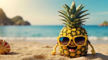 A cheerful Funny pineapple fruit character with large yellow sunglasses