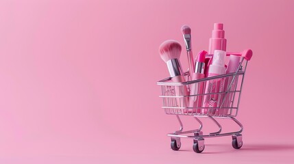 A shopping cart trolley full of makeup products isolated against a pink background. For the design of cosmetic advertising banners, flyers or posters with copy space to add text.