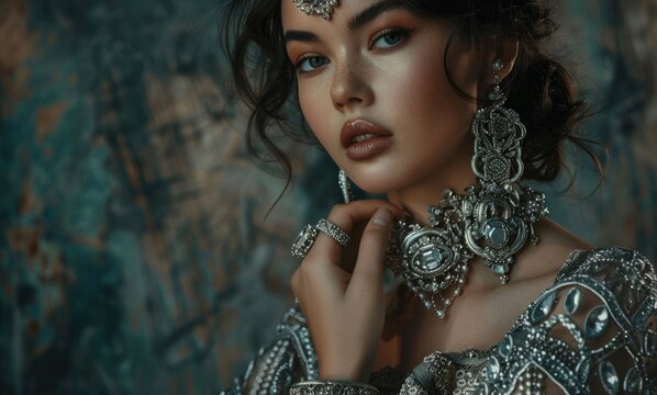 Elegant Woman in Luxurious Jeweled Attire Posing Artistically
