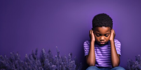 Wall Mural - Lavender background sad black American African child Portrait of young beautiful kid Isolated Background racism skin color depression anxiety fear 