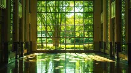 Wall Mural - Sunlight streaming through a window in an empty room with a view of a green park