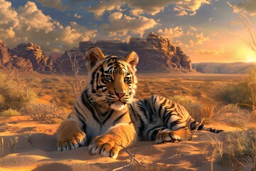 Wall Mural - a tiger is in the desert