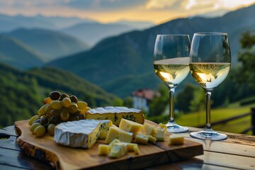 two glasses of wine and cheese on a table with mountains in the background