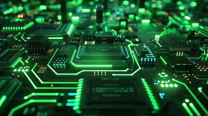 Wall Mural - Futuristic circuit board with glowing green microchips - high-tech electronics concept
