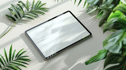 Wall Mural - An 11-inch tablet with a black frame and blank screen placed on a work table with decorative plants around it. Mock-up design template.