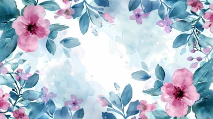 Wall Mural - Serene floral watercolor background with pink blossoms and blue leaves