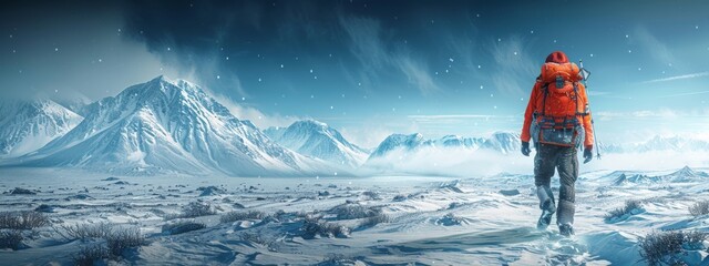 Wall Mural - An explorer trekking through an icy arctic landscape, with snow-covered terrain and distant mountains. Cold, crisp atmosphere.