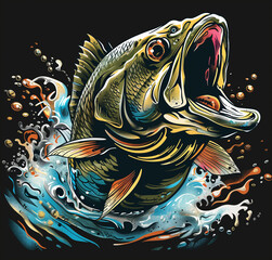 Wall Mural - illustration of a fish jumping on the surface of the water for a t-shirt design