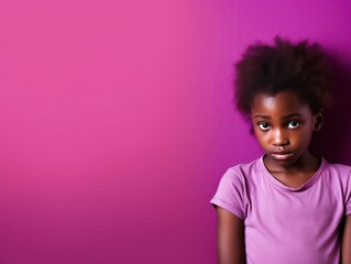 Wall Mural - Magenta background sad black American African child Portrait of young beautiful kid Isolated Background racism skin color depression anxiety fear 