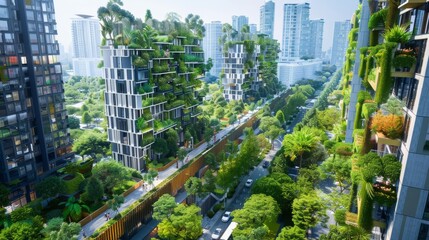 Poster - An urban area with concrete buildings and no greenery on one side, and a green urban area with vertical gardens and parks on the other.