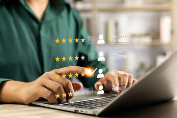 Wall Mural - evaluating 5-star customer satisfaction, online survey for quality service experience online applica