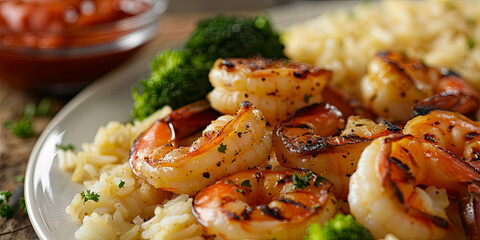 Wall Mural - perfectly grilled shrimp with delicious buttery rice on the side, generative AI