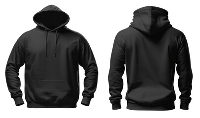 Set of Black front and back view hoodie sweatshirt on transparent PNG background, Hoodies mockup isolated on transparent PNG background