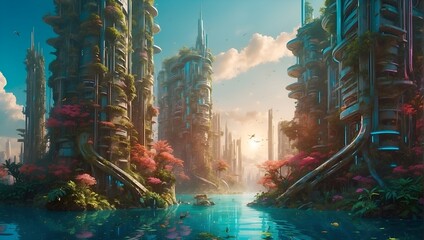 Wall Mural - A lush, ethereal solarpunk underwater city shimmers with harmonious energy.