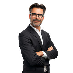 Wall Mural - A man in a suit and glasses is smiling and posing for a photo , isolated on transparent background