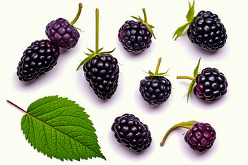 Wall Mural - Group of blackberries with green leaf on white background.