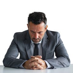 Wall Mural - A man in a suit is sitting at a table and praying , isolated on transparent background