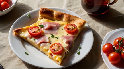 Wall Mural - Cheese pizza served on a white ceramic plate