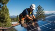 © cong - A solar panel technician installing solar panels on a house roof on a sunny day, The roof is covered with an array of sleek, modern solar panels, gleaming under the intense sunlight.