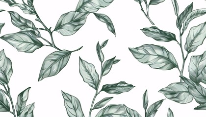 Wall Mural - A 2D illustrated pattern featuring green hand-drawn tea leaves and branches on a white background, designed in an engraved style for print, fabric, invitations, brochures, cards, wallpaper, and