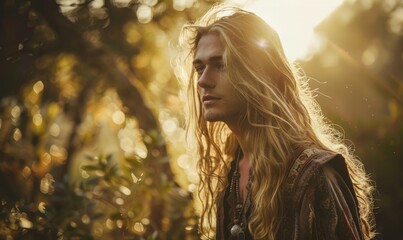 Wall Mural - Portrait of a young man in ethnic elven attire with long blonde hair in a forest setting with bokeh light background