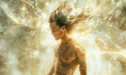Wall Mural - Portrayal of a young man with long hair with warm enchanting light around him