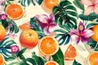 © Rattana - A vibrant summer tropical pattern with colorful oranges and flowers. A modern exotic floral design for various uses such as paper, cover, fabric, and interior decor.