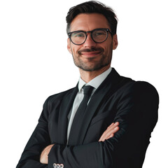 A man in a suit and glasses is smiling and posing for a picture , isolated on transparent background