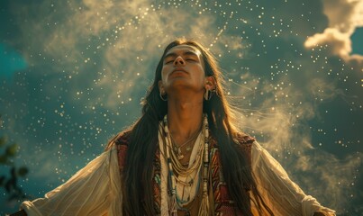 Ethereal portrait of a young man with flowing long hair and clothes decorated with feathers, young shaman portrait