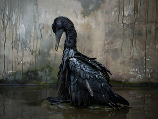 Melancholic Wet Bird with Matted Feathers on Rocky Outcrop in Shallow Water against Textured Moist Wall Background: Somber Avian Detail and Natural Setting Capture Poignant and Evocative Scene