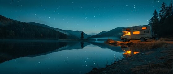 Wall Mural - A white RV is parked by a lake at night
