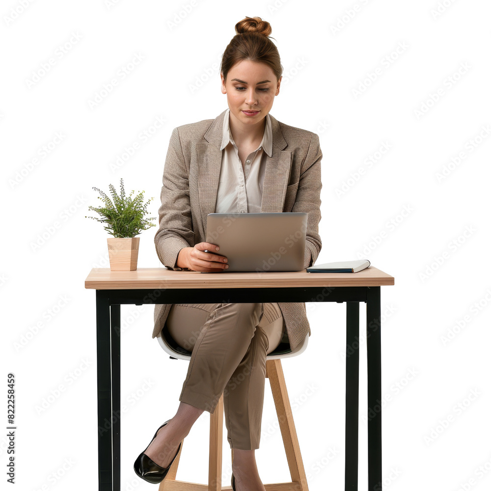 A woman is sitting at a desk with a laptop and a potted plant, isolated ...
