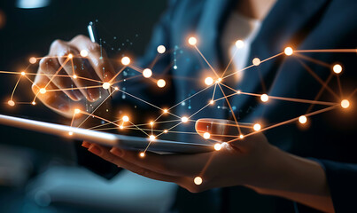 Leinwandbilder - A business professional using a digital tablet with a virtual overlay of interconnected nodes, representing CRM technology and global networks