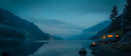 Wall Mural - A van is parked by a lake at night