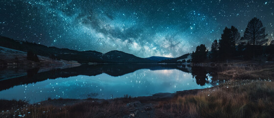 Wall Mural - A beautiful night sky with a lake in the foreground