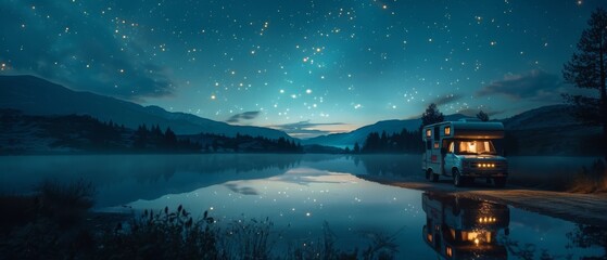 Wall Mural - A blue and white RV is parked by a lake at night